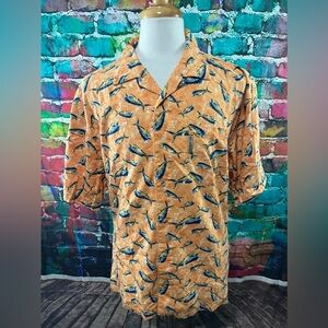 Columbia Trollers Fishing Shirt Mens L Shark Orange Blue Dolphin Mahi Rare